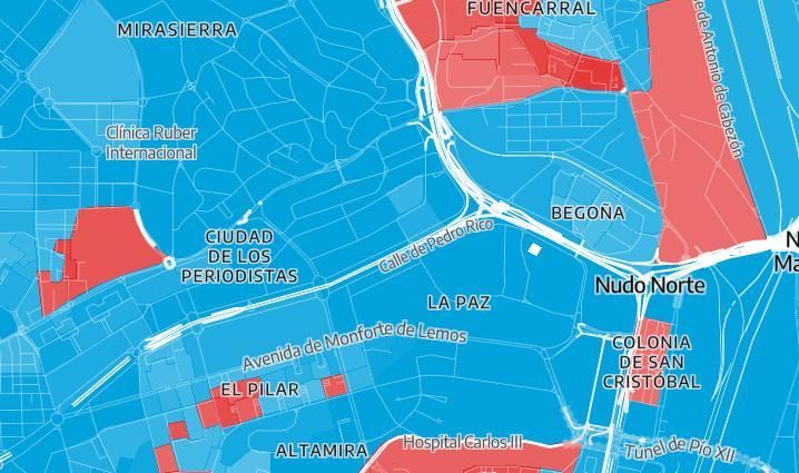 En la imagen se ven partes donde la izquierda ha sacado más votos que la derecha en Fuencarral, Lacoma,, el barrio de El Pilar, Begoña o la colonia San Critobal